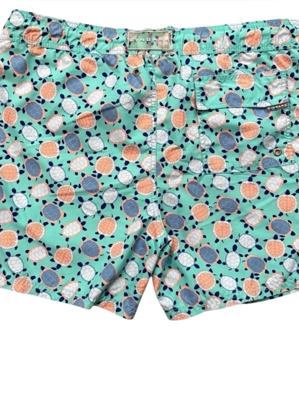 Zingara Turtle Print Swim Trunks Men’s Medium Aqua Beach Shorts Drawstring